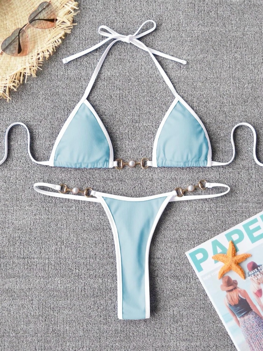 Light Blue Ring-Trim Triangle Bikini – Women Swim - Picture 5 of 6